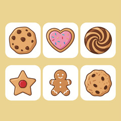 Delicious assorted cookies and biscuits icons set featuring chocolate chip gingerbread man heart and star shapes for bakery and snack promotion