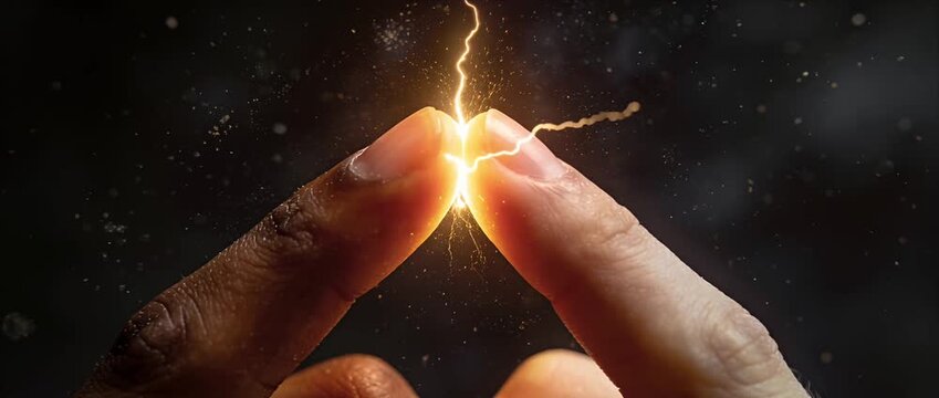 Radiant finger hand spark energy electricity lightning power touch connection glow, macro closeup electric spark between human finger touch light magic glowing energy hand connection, dark background