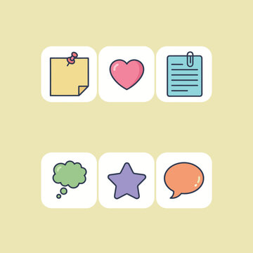 Set of colorful UI icons including sticky note heart symbol document chat bubble and star for web interface design and social media communication