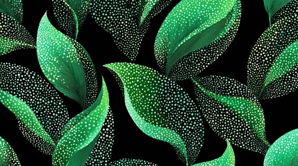A vibrant illustration of green leaves with white spots on a black background