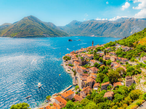 Historic town of Perast at famous Bay of Kotor in summer, Montenegro near Our Lady of the Rocks