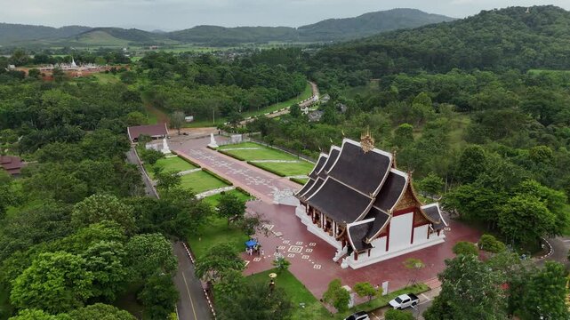 Aerial view of beautiful Viharn in Wat Wiang Kaew temple in Chiang Saen district in Chiang Rai province of Thailand.