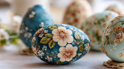 Fototapeta premium Close-up of hand-painted pastel Easter eggs decorated with delicate floral patterns. Soft lighting highlights intricate details and elegant spring holiday craftsmanship.