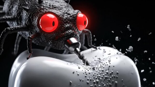 Menacing insectoid creature with fiery red eyes aggressively drills into a pristine white surface, symbolizing relentless decay and persistent destruction