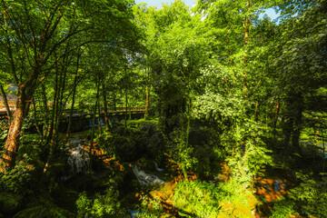 Obraz premium Wooden bridge over the emerald waters of Plivsko Lake, known as the 