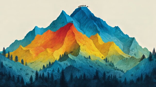 People of many backgrounds climb a rainbow‑hued mountain top, embodying cooperation, joint effort, and shared success