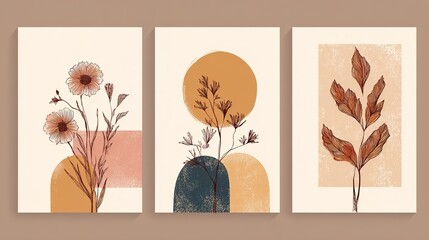 A set of three minimalist botanical art prints with abstract shapes