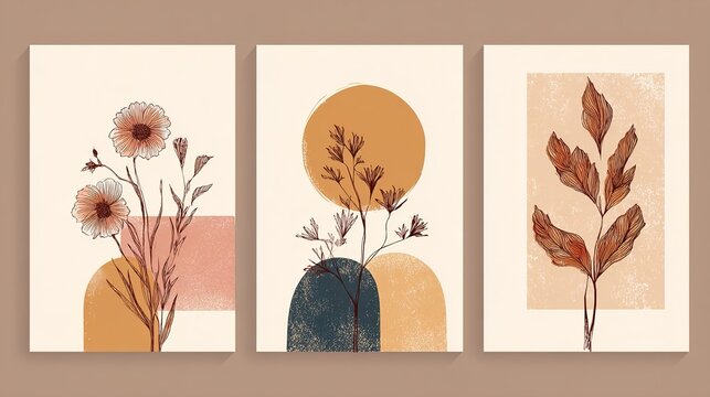 A set of three minimalist botanical art prints with abstract shapes