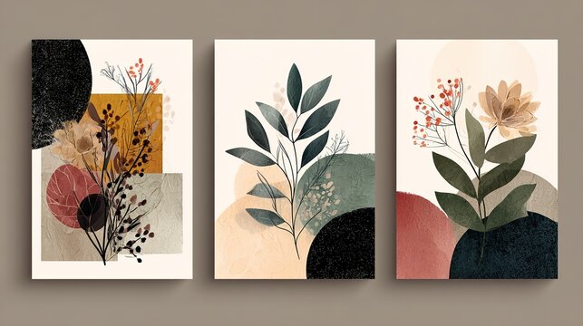A set of three abstract floral paintings on a beige wall