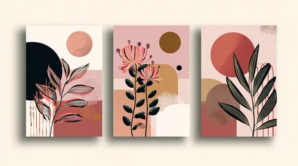 A set of three abstract art prints featuring plants and geometric shapes