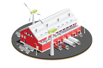 Isometric Distribution Logistic Center with Solar Panels with Wind Turbines. Warehouse Storage Facilities with Trucks. Illustration. Loading Discharging Terminal. Green Eco Friendly House.