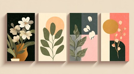 A set of four abstract botanical art canvases on a wall