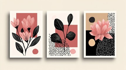Three abstract art prints with floral designs on a beige background