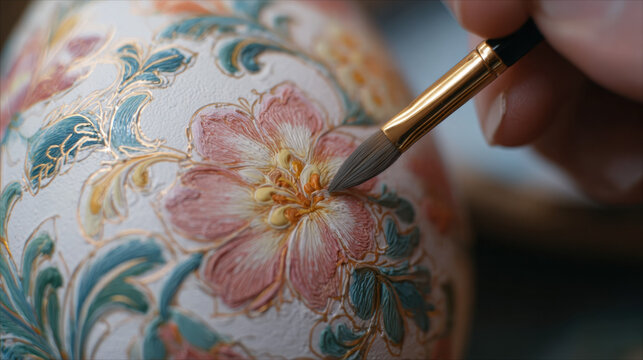 Extreme close-up of a brush adding finishing touches to a richly textured floral design on an egg. Raised paint details, soft pink petals, blue leaves, and gold accents create a luxurious, handcrafted