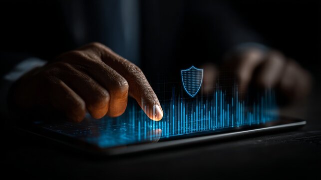 The tablet shows a holographic security icon, shield, lock, email, and chart, with a finger touching them to illustrate cybersecurity insurance and digital risk protection