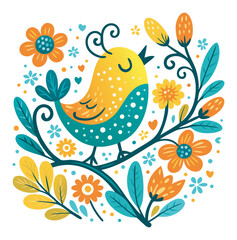 Obraz premium Cute Folk Art Bird with Floral Pattern Scandinavian Vector Illustration.