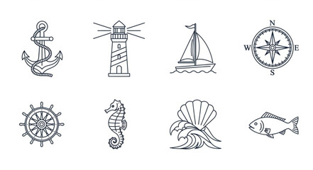 Nautical themed line art illustrations featuring various maritime elements and symbols. © Novi