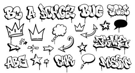Obraz premium Graffiti Art Elements Collection Featuring Bold Typography Crowns Arrows Stars and Speech Bubbles for Urban Design Projects