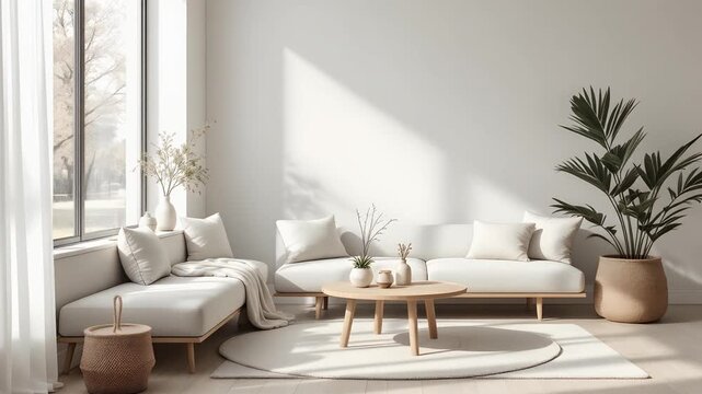 A minimalist, mindful interior featuring natural materials and a neutral palette. Calm, modern living space designed for serenity, comfort, and understated elegance.
