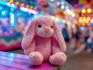 A pink stuffed bunny sitting on a colorful table at an amusement park