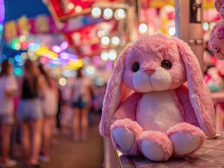 A pink stuffed bunny sitting on a shelf at a colorful carnival