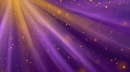 A vibrant purple background with golden light rays and sparkling particles