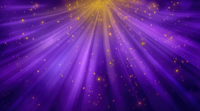 A vibrant purple background with yellow rays and sparkling particles