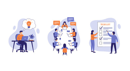 Fototapeta premium Business team collaborates on ideas and tasks in modern office setting with planning and brainstorming sessions