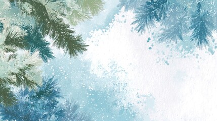 Snowflakes gently falling on frosty pine tree branches in winter