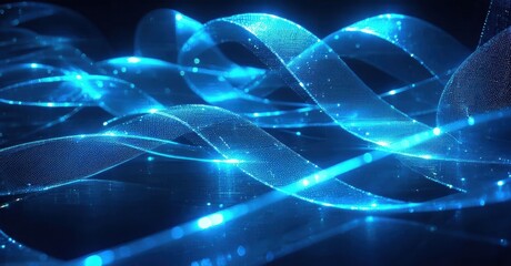 Obraz premium Abstract blue light streams, flowing curves, digital energy. Bright particles create dynamic, futuristic visual effect.
