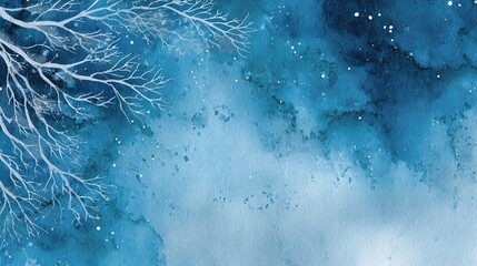 A serene winter landscape with a frosty tree branch against a blue background