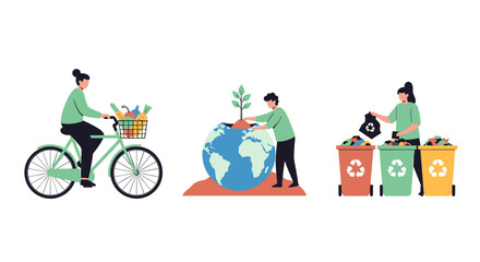 Naklejka premium Eco friendly lifestyle choices for a sustainable planet earth with recycling and cycling for a greener future