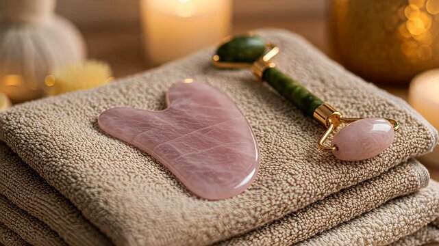 Serene spa setup with jade roller and rose quartz gua sha by candlelight for relaxation