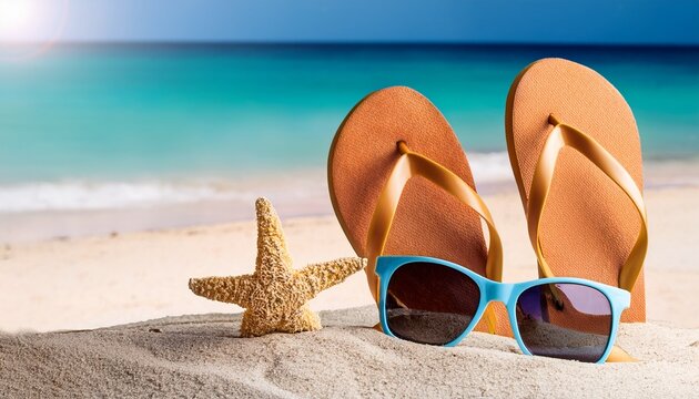 Beach Scene With Flip Flops Sunglasses And Starfish