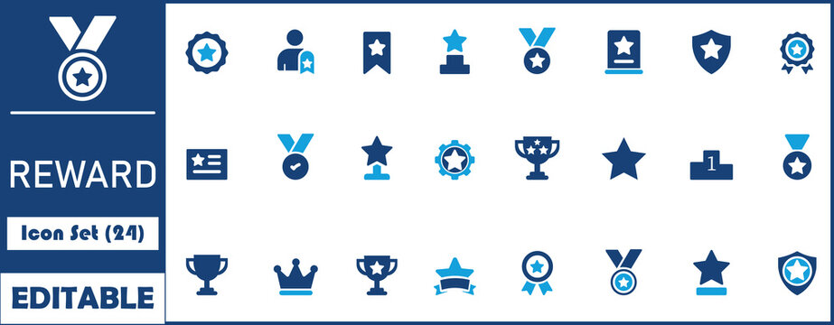 Reward icon set. Containing award, prize, medal, gift, trophy, badge, points, achievement, certificate and more. Solid vector icons collection.