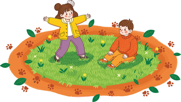 Cute little boy and girl playing together on a green grass field surrounded by leaves and paw prints in a flat cartoon vector illustration.