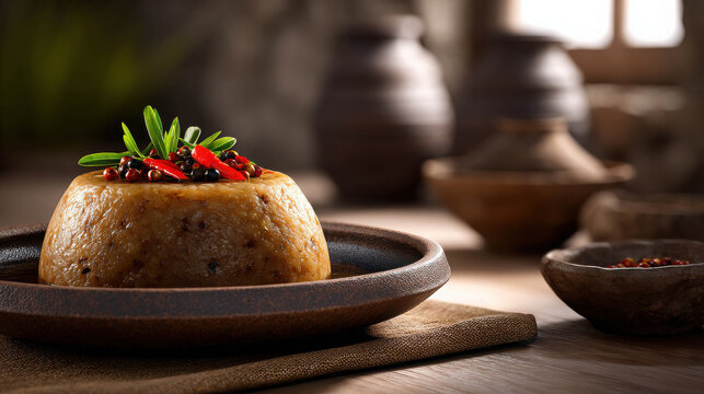 Highly Detailed Realistic Depiction of Nigerian Moi Moi Dish on Wooden Table
