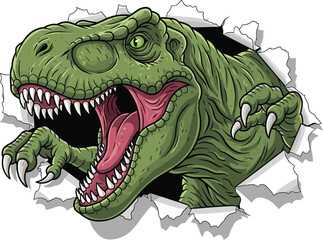Aggressive Tyrannosaurus Rex dinosaur head breaking through wall paper background vector illustration for powerful prehistoric monster design, roaring T-Rex predator and Jurassic wildlife projects. © Ajmira