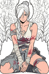 Naklejka premium A person with angel wings sits on the ground. They have injuries and wear tattered clothes. The scene shows struggle and resilience.