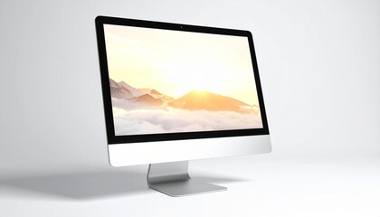 Fototapeta premium Large monitor mockup displaying serene landscape with floating mid-air device on a minimalist surface