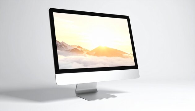 Large monitor mockup displaying serene landscape with floating mid-air device on a minimalist surface
