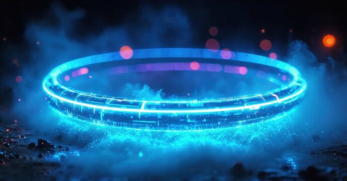 Glowing circular structure emits bright blue light. Dark background suggests futuristic technology, possibly space station or portal. Mysterious, ethereal.