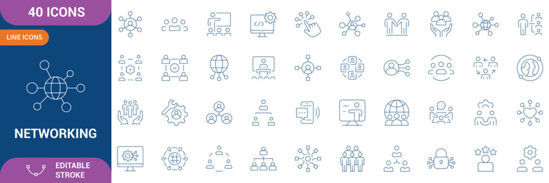 Networking icon set. Containing network, connections, relationship, online networking, community, events, social network and etc. Editable stroke. Vector illustration.