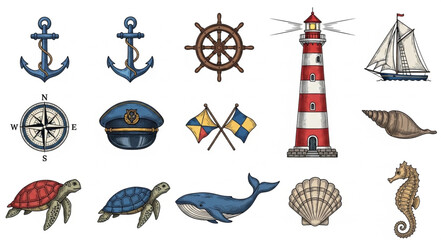 Collection of nautical and marine themed illustrations and drawings. © Han