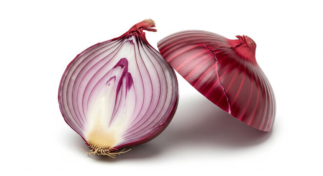 Red onion cut in half revealing crisp layers and clean white core