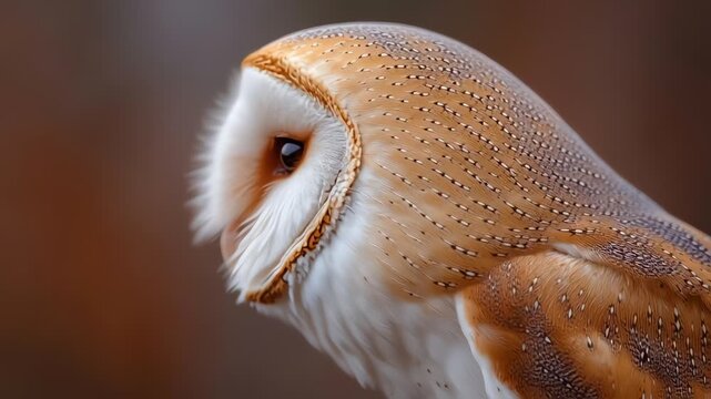 A close-up side view of a barn owl with a white face and dark eyes.