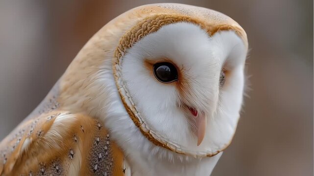 A close-up side profile of a beautiful barn owl with its distinctive white face and dark eyes.