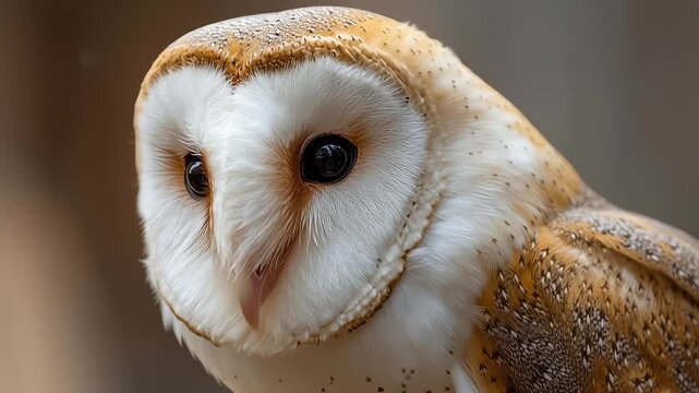 Close-up portrait of a beautiful barn owl with its distinctive heart-shaped face and dark eyes looking to the side.