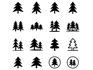 Obraz premium Pine Tree and Evergreen Forest Icon Set for Outdoor Adventure and Nature Symbols Vector Illustration.