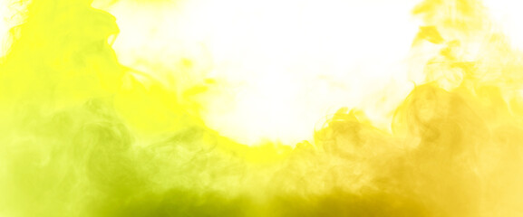 Colorful smoke with yellow gold flare isolated on a white background. abstract neon gradient cloud with splash. thick swirling dust and powder creating a psychedelic light design. smog effect